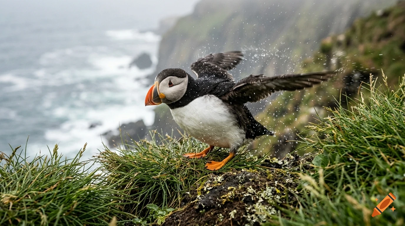 A puffin shakes off water amidst grassy coastal cliffs overlooking the ocean.