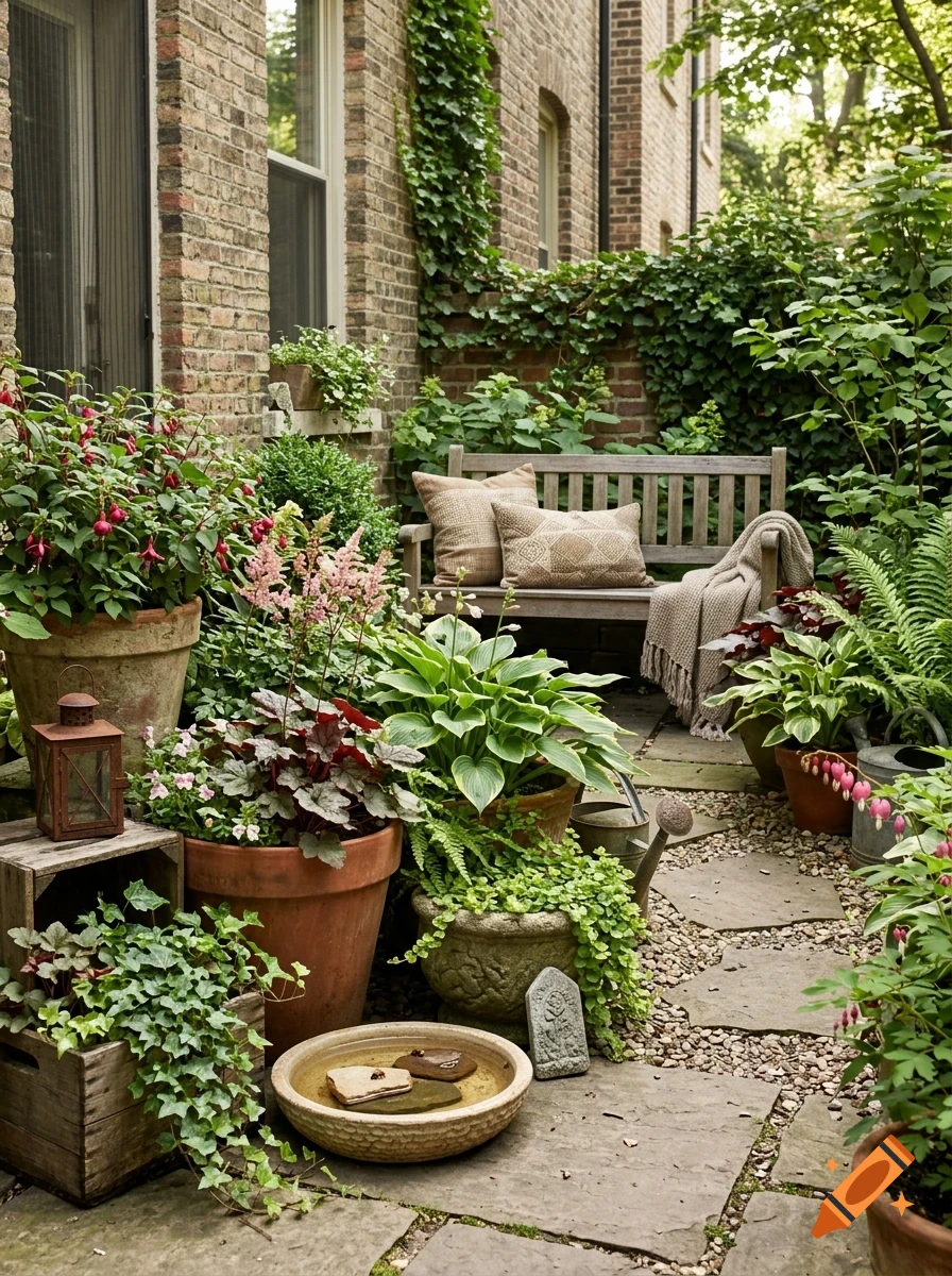 A lush, green courtyard garden with a wooden bench, potted plants, and stone pavers.