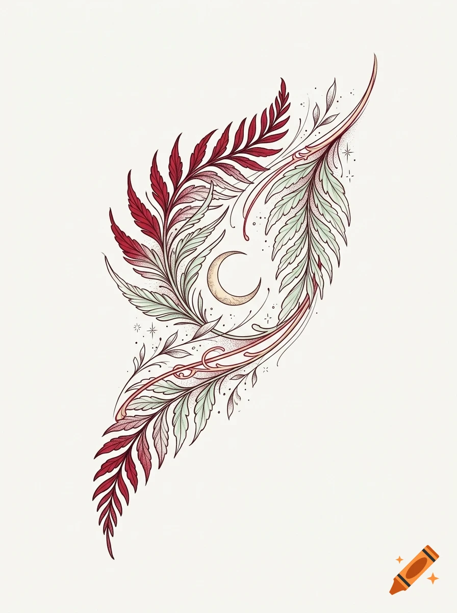 An ornate illustration of a curved red and green fern frond embracing a golden crescent moon, accented with delicate stippling and small stars.