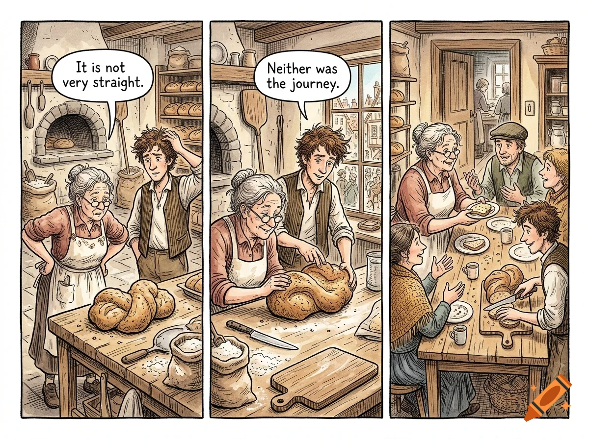 A three-panel comic illustration showing people in a rustic bakery, shaping bread and talking around a table.