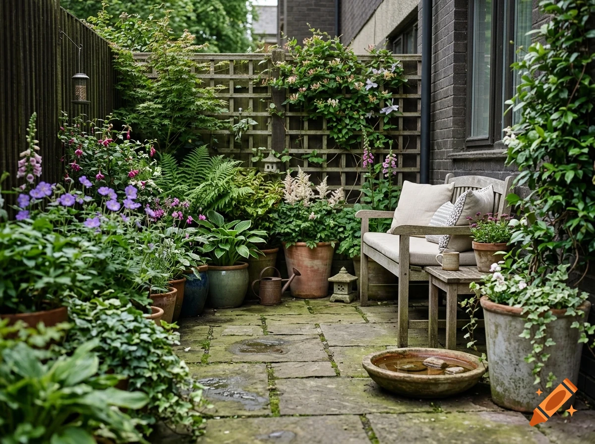 A lush, green courtyard garden filled with potted plants, ferns, flowers, a wooden bench, and a stone patio.