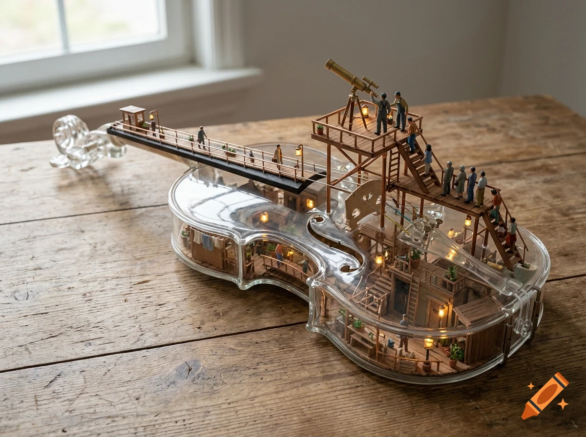 A transparent violin sculpture on a wooden table, featuring intricate miniature wooden platforms, buildings, and tiny figures exploring throughout the interior and exterior.