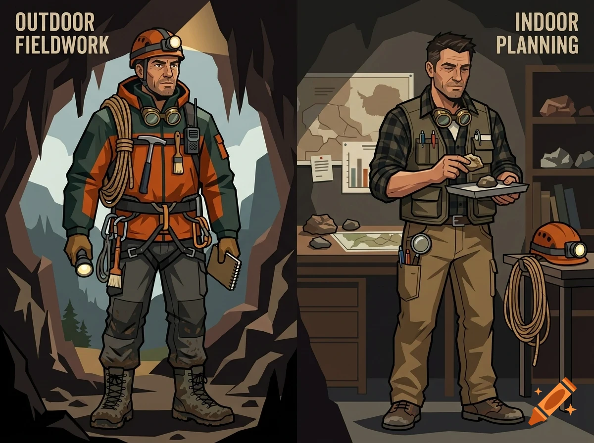 An illustration comparing outdoor fieldwork, showing a geologist in protective gear in a cave, and indoor planning, showing a man examining rock samples at a desk.