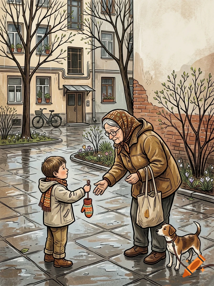 An illustration of a young boy handing a dropped mitten to an elderly woman on a city street, while a small dog on a leash watches.