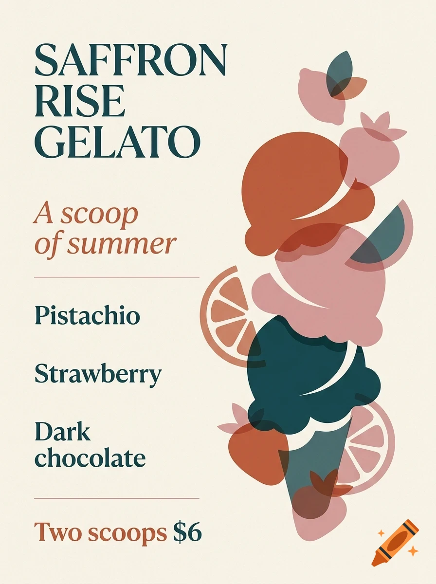 An advertisement for Saffron Rise Gelato featuring text and stylized graphic illustrations of gelato scoops and fruit.