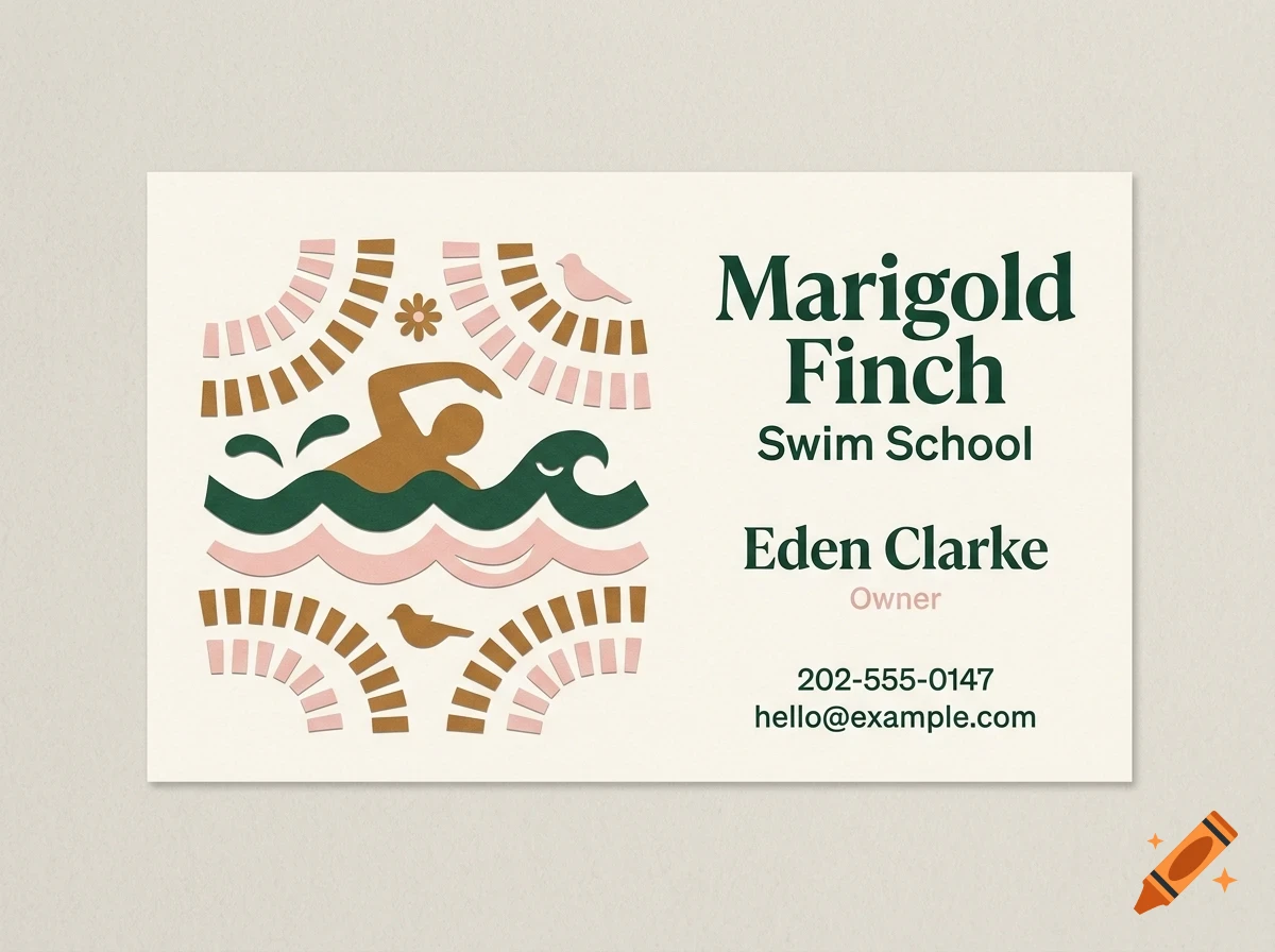 A business card for Marigold Finch Swim School featuring a swimmer icon and abstract wave motifs.
