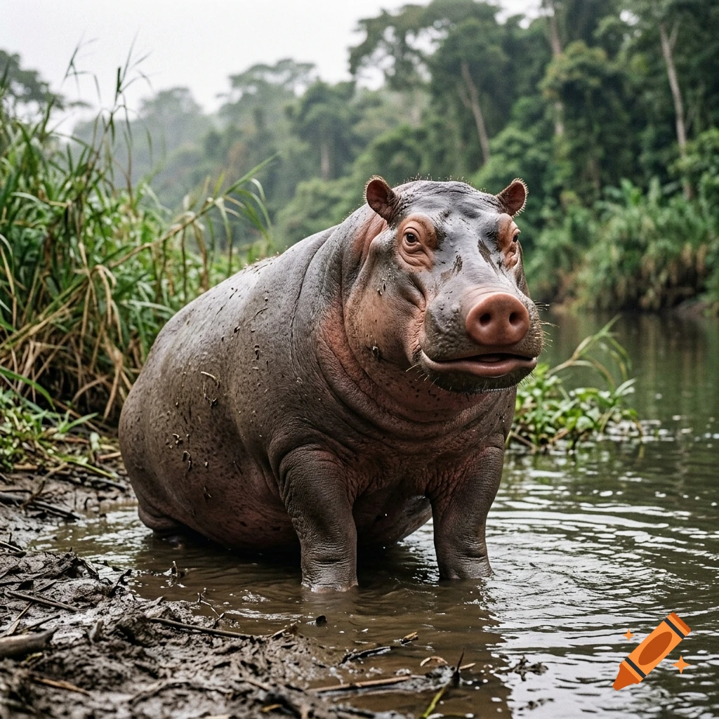 Photorealistic image of a unique hybrid creature resembling a mix between a hippopotamus and a pig standing in a muddy riverbank in a lush jungle.