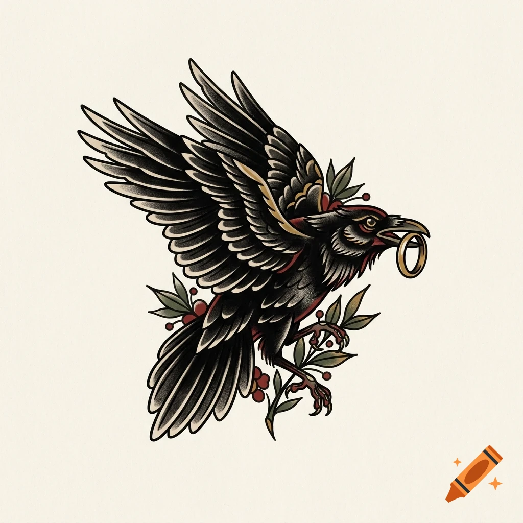 An illustrated black bird in flight holding a gold ring in its beak, surrounded by sprigs of leaves and berries.