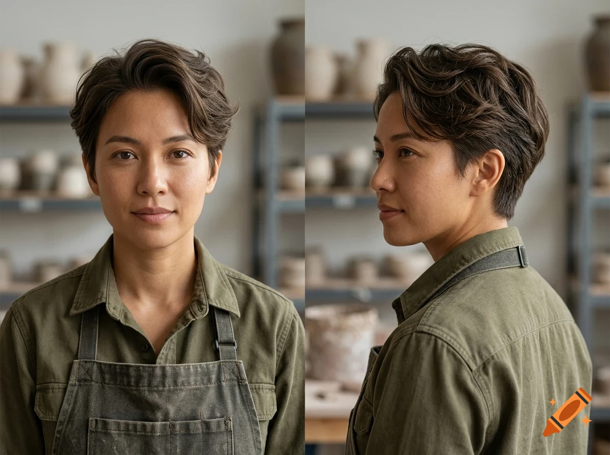 Front and side profile portraits of a person with short brown hair wearing a green button-down shirt and apron in a studio.
