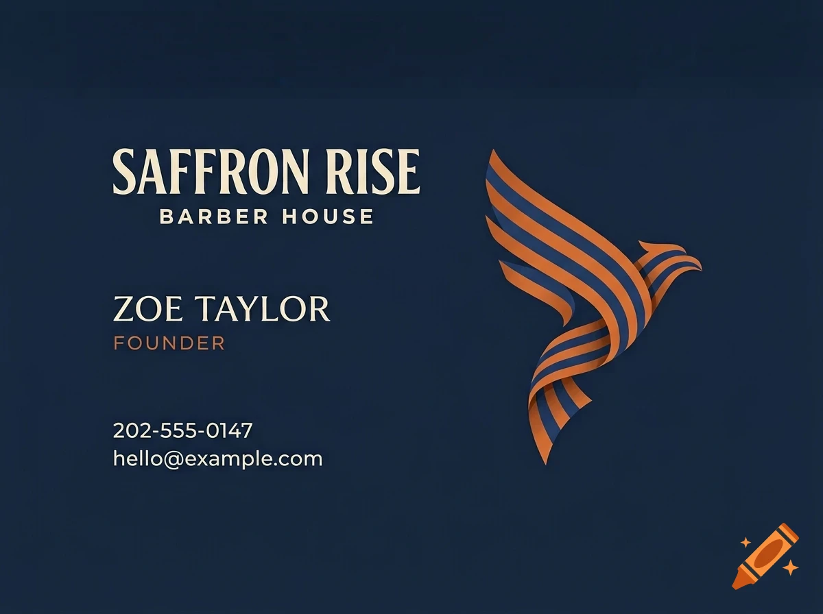 A business card design for Saffron Rise Barber House featuring a stylized orange and blue bird logo and text.