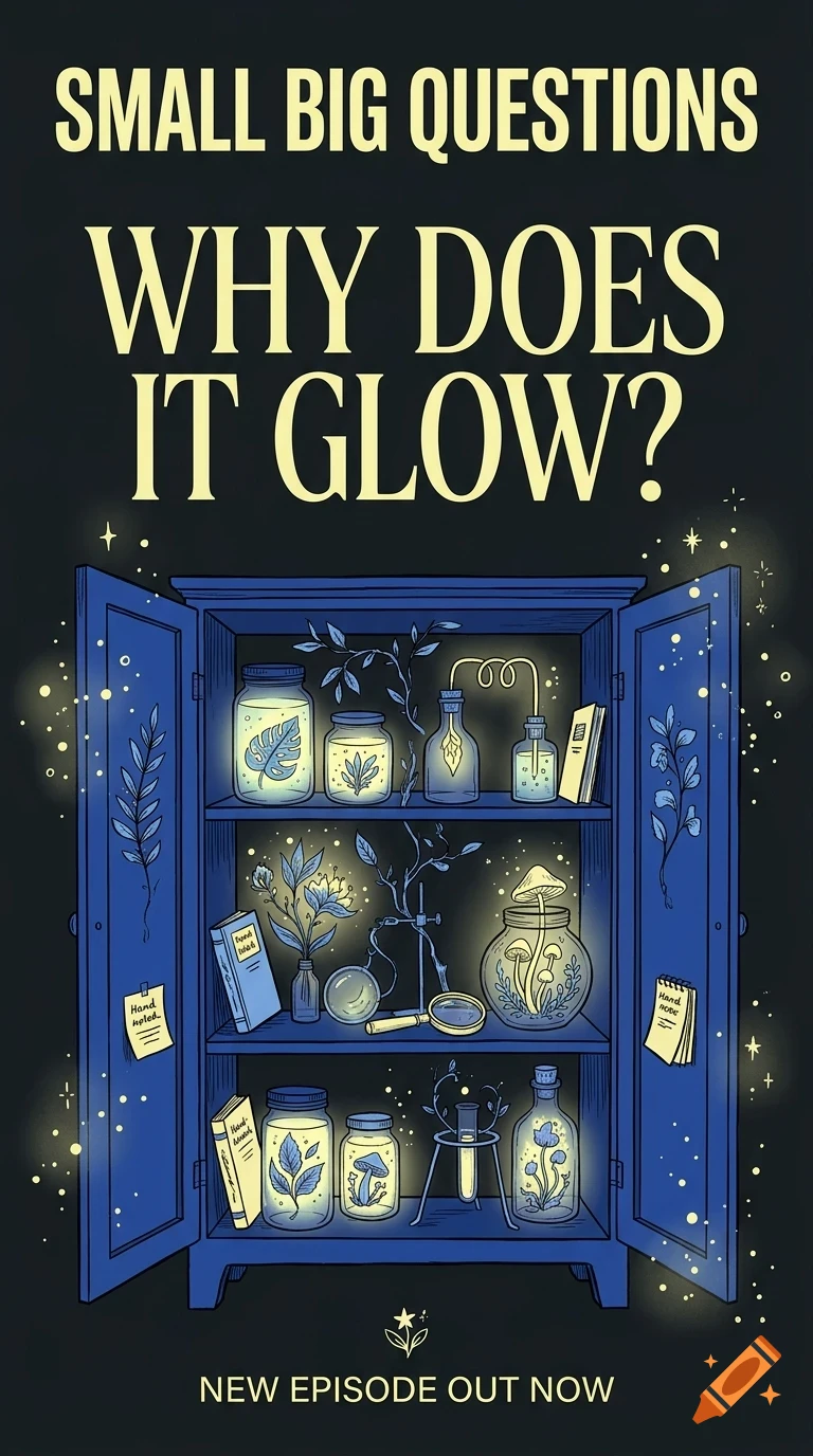 An illustrated blue cabinet with open doors filled with glowing jars, plants, and science equipment, with text at the top and bottom.