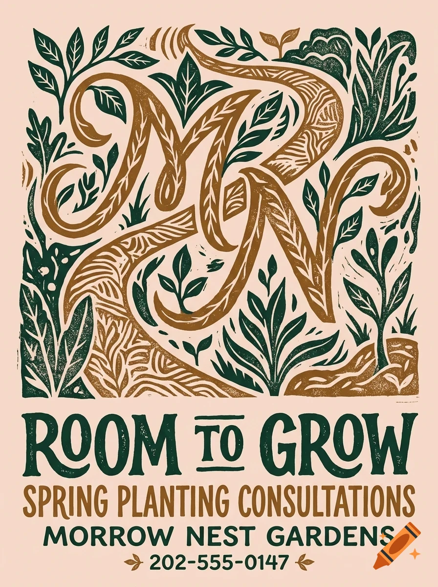 An illustrated poster with ornate lettering reading 'ROOM TO GROW' and 'SPRING PLANTING CONSULTATIONS MORROW NEST GARDENS' surrounded by botanical patterns.