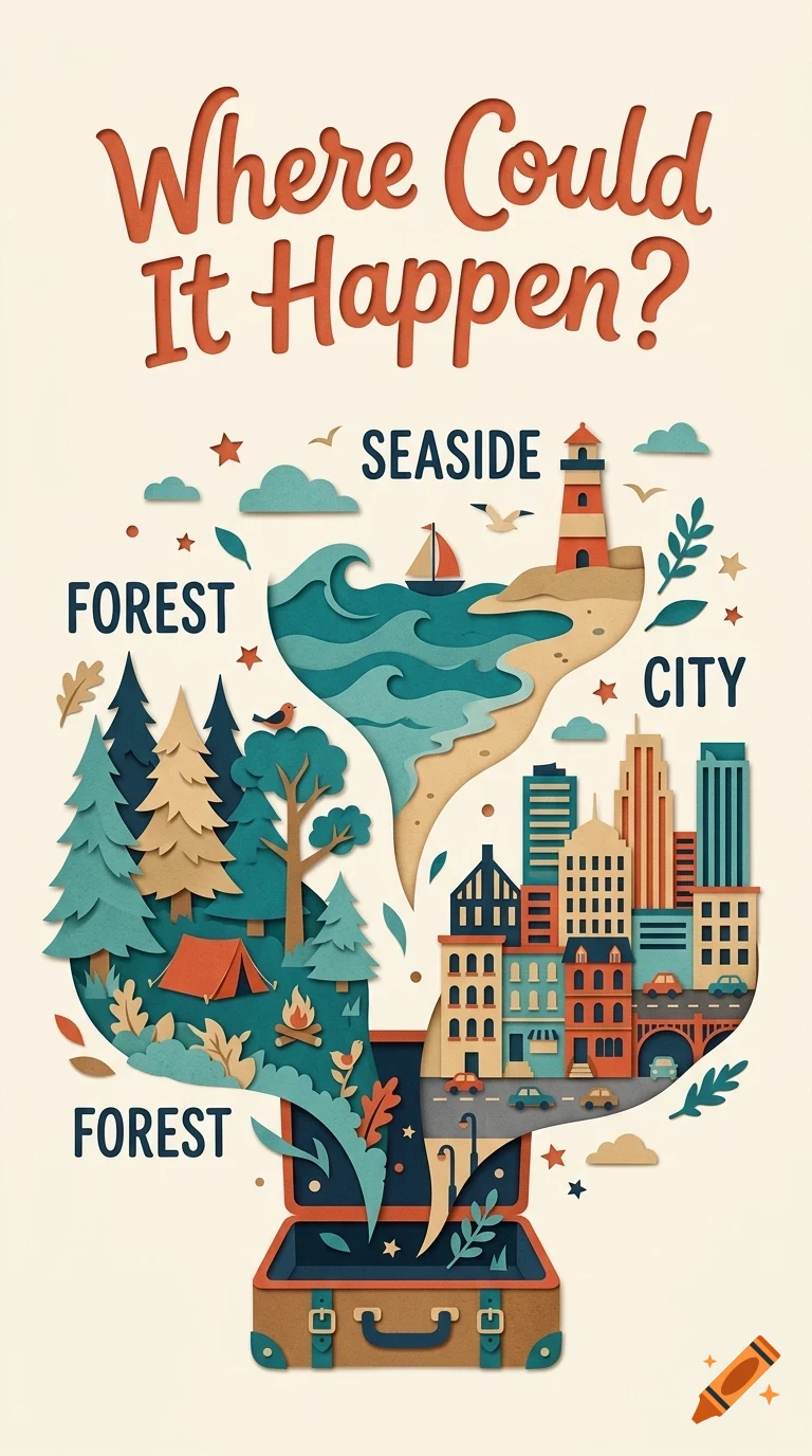 An illustrated poster features an open suitcase spilling out paper-cutout style scenes of a seaside, a forest, and a city, with text reading Where Could It Happen?