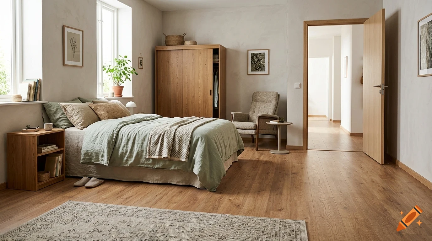 A bright bedroom with a wooden bed, wardrobe, armchair, and light wood flooring.
