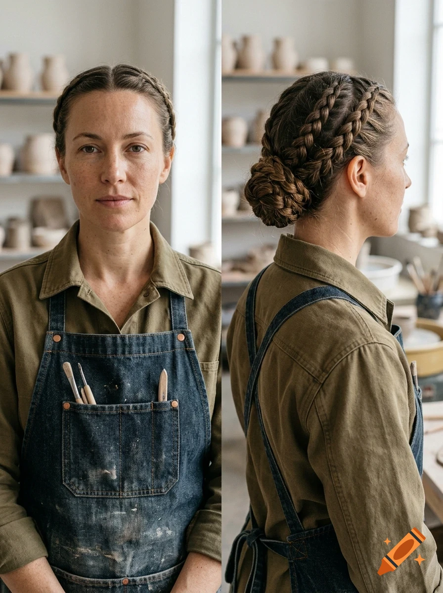 Two views of a woman in an apron with braided hair standing in a pottery studio.