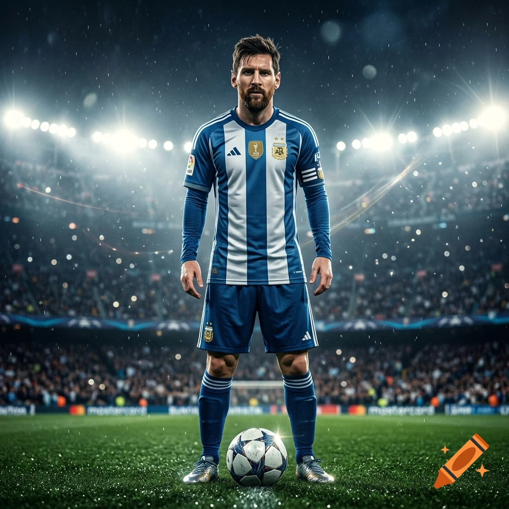 Photorealistic image of Lionel Messi standing on a soccer pitch in a stadium under bright lights.