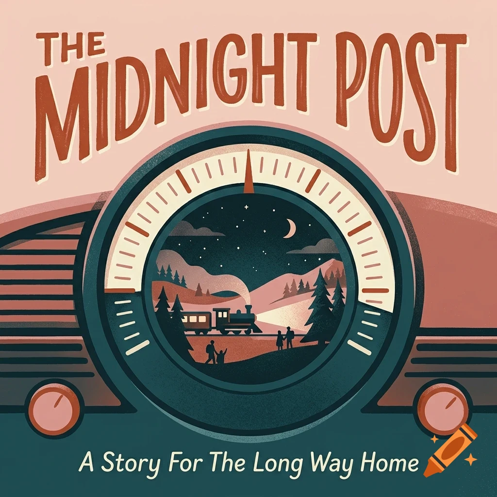 An illustration of a vintage radio featuring a nighttime train scene in its dial, with the text "THE MIDNIGHT POST" and "A Story For The Long Way Home".