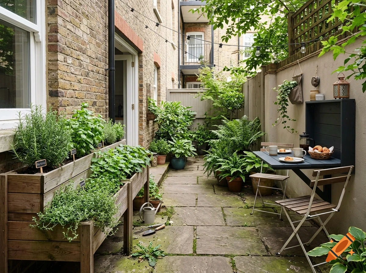 A narrow brick courtyard with wooden planters filled with herbs, a small table and chairs, and lush potted plants along the wall.