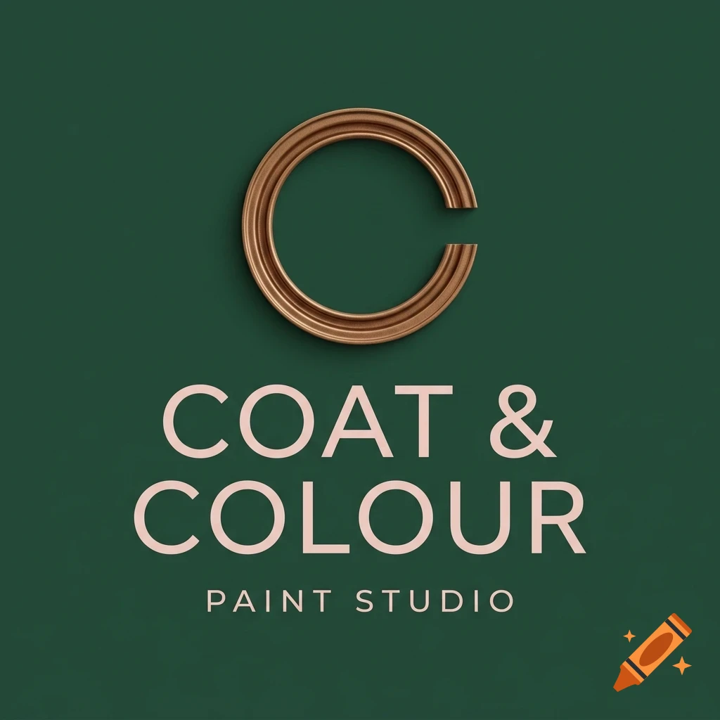 A logo for 'Coat & Colour Paint Studio' featuring a metallic golden letter C and pink text on a dark green background.
