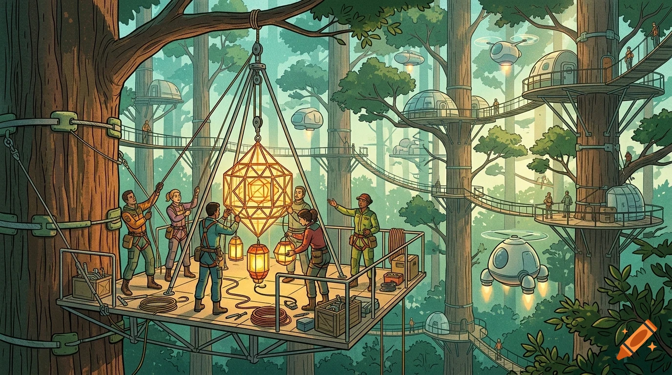 People working on a platform suspended among giant trees in a futuristic forest with flying vehicles and treehouse pods.