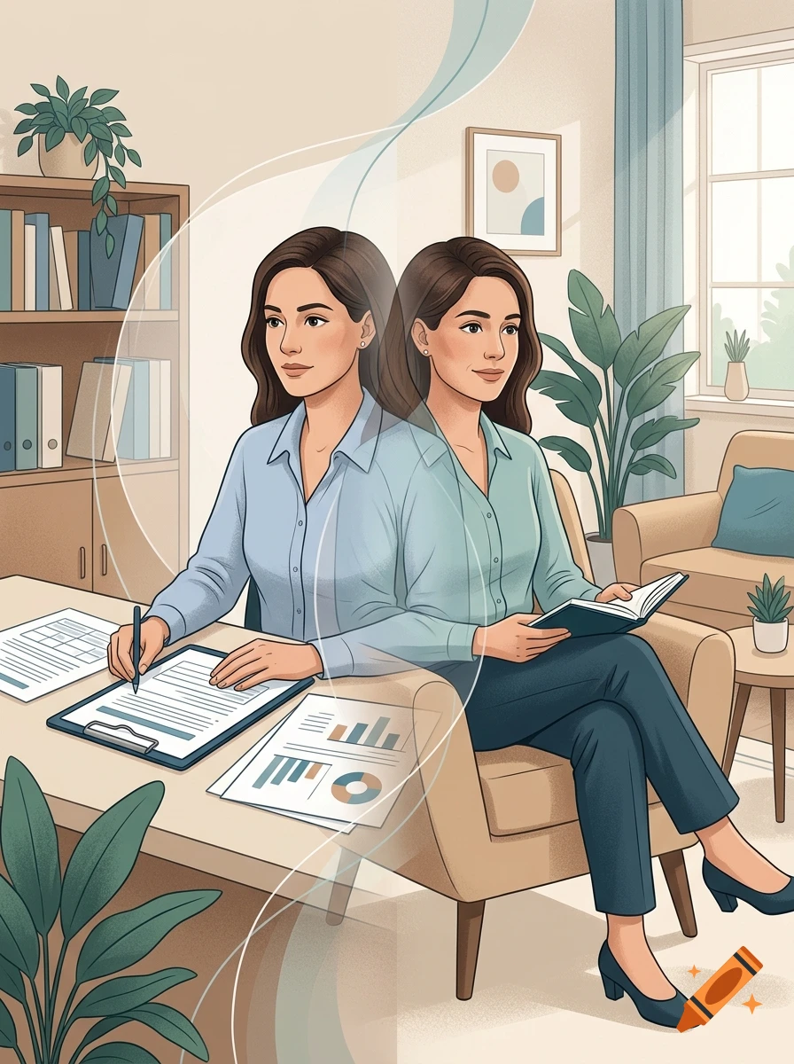 Digital illustration of a female psychologist in two overlapping poses representing therapy and assessment roles in an office.