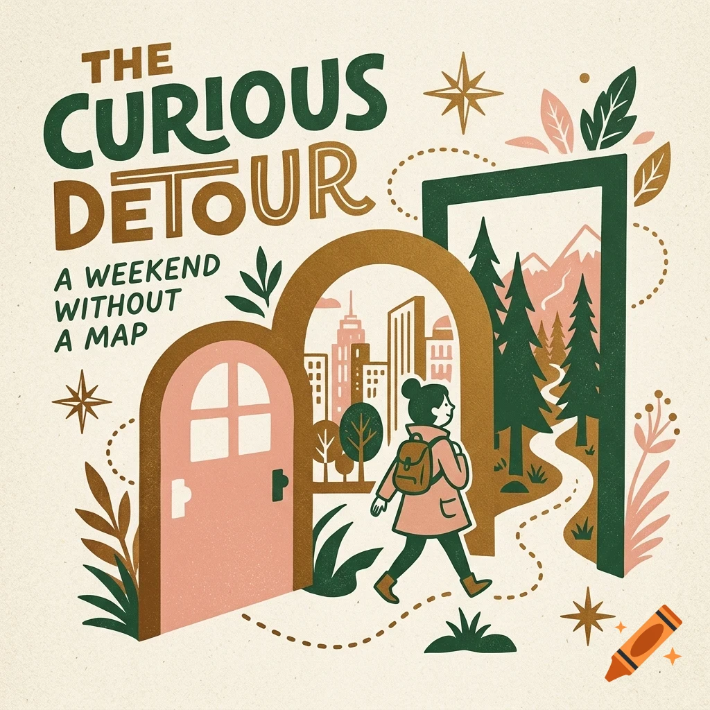 An illustrated book cover design with the text 'The Curious Detour: A Weekend Without A Map' featuring a person with a backpack walking through open doorways into different landscapes of city buildings and mountains.