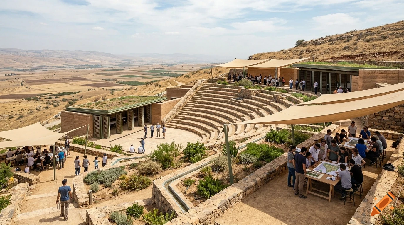 An outdoor amphitheater and buildings integrated into a hillside landscape, with groups of people gathered and working at tables.
