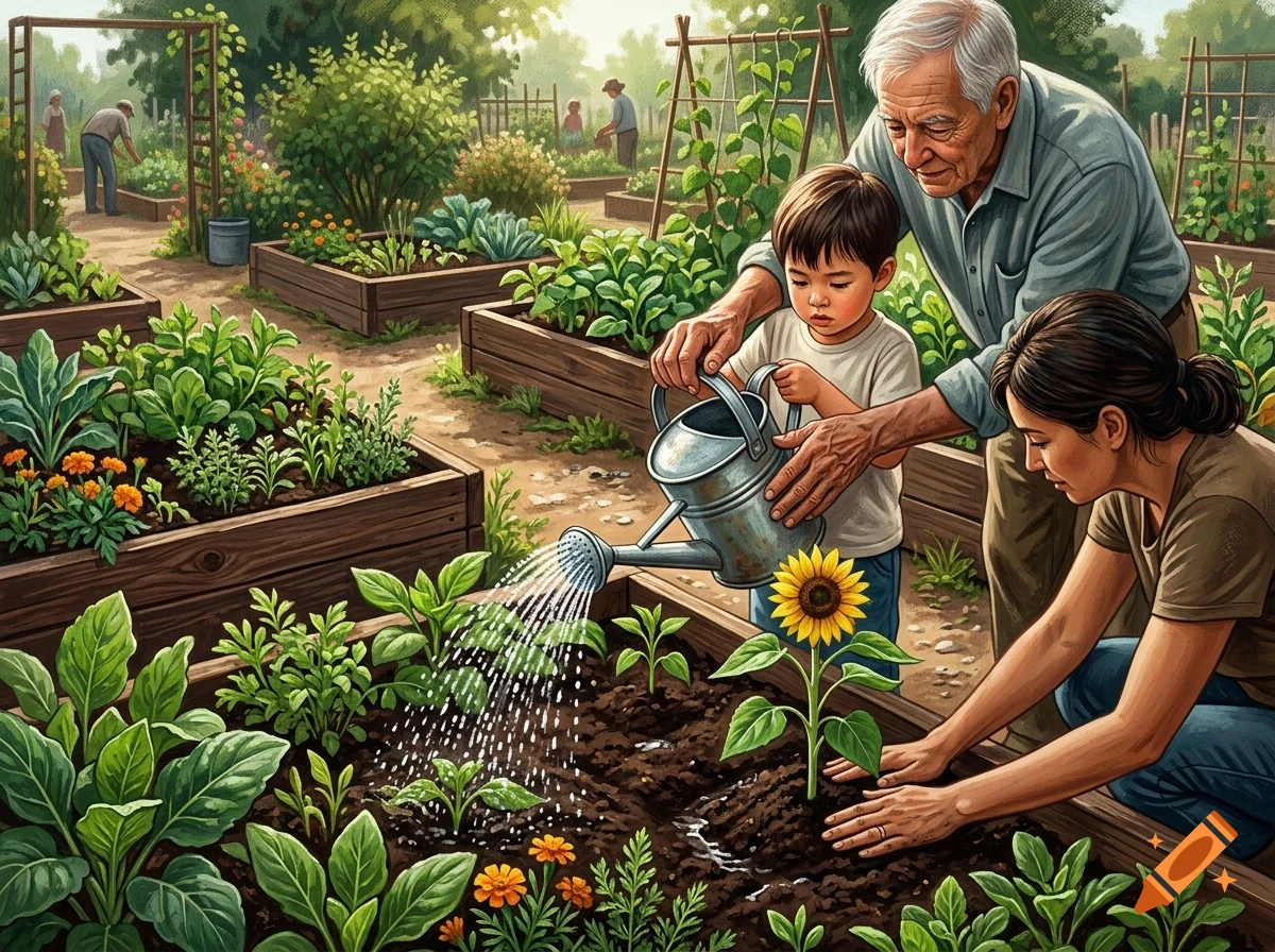 An elderly man, a woman, and a young child watering plants in a garden with raised beds.