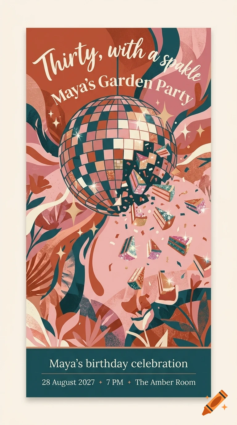 An illustrated poster features a disco ball bursting into slices of cake, surrounded by abstract shapes and text about Maya's birthday.