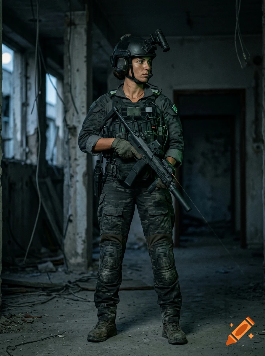 Photorealistic full-body portrait of a female soldier in tactical gear holding a submachine gun inside a ruined building.