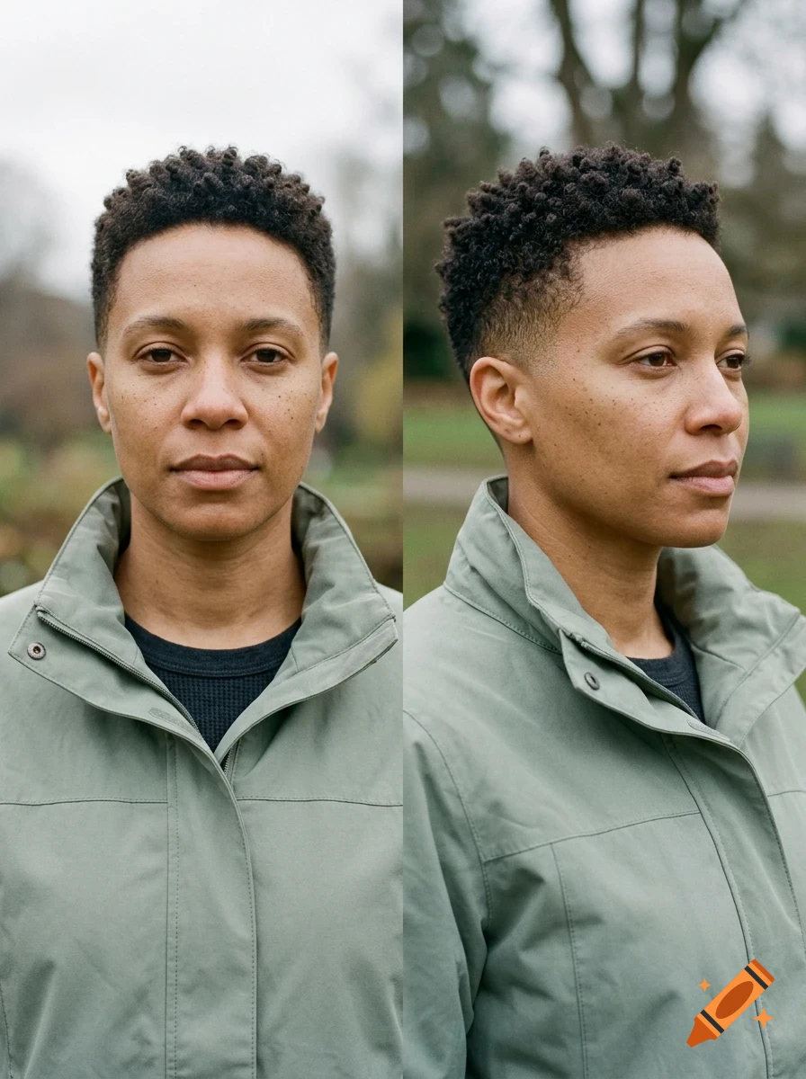 Two portraits of a person with short textured hair and a green jacket, shown from the front and side.