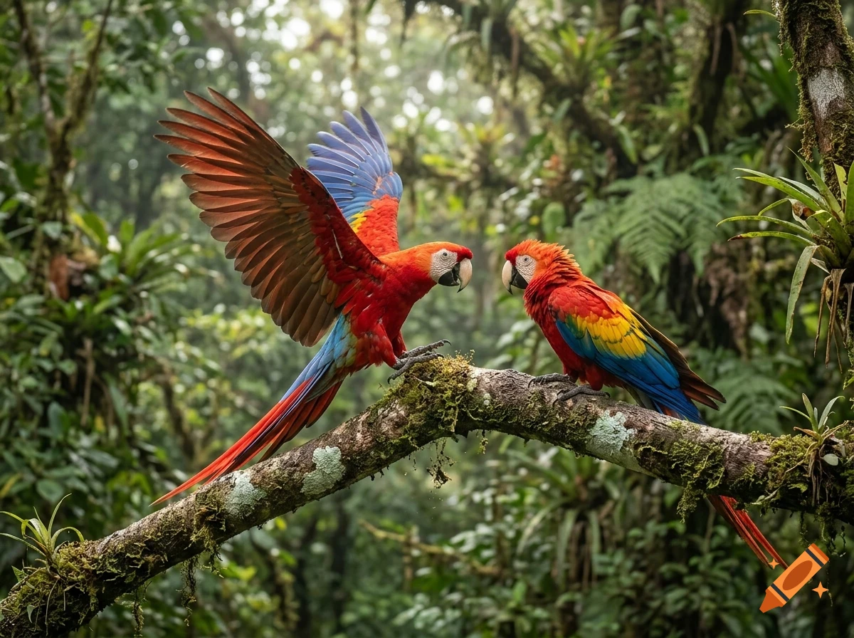 Two scarlet macaws perched on a mossy branch in a lush tropical rainforest.