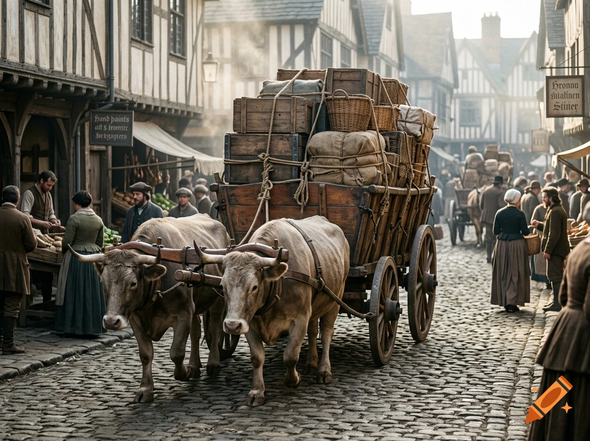 Photorealistic scene of a bustling medieval town street with two oxen pulling a wooden cart loaded with cargo.