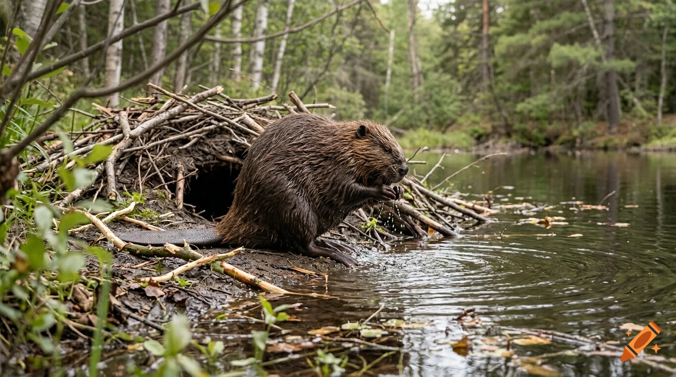 A beaver standing near its lodge by a river in a forest.