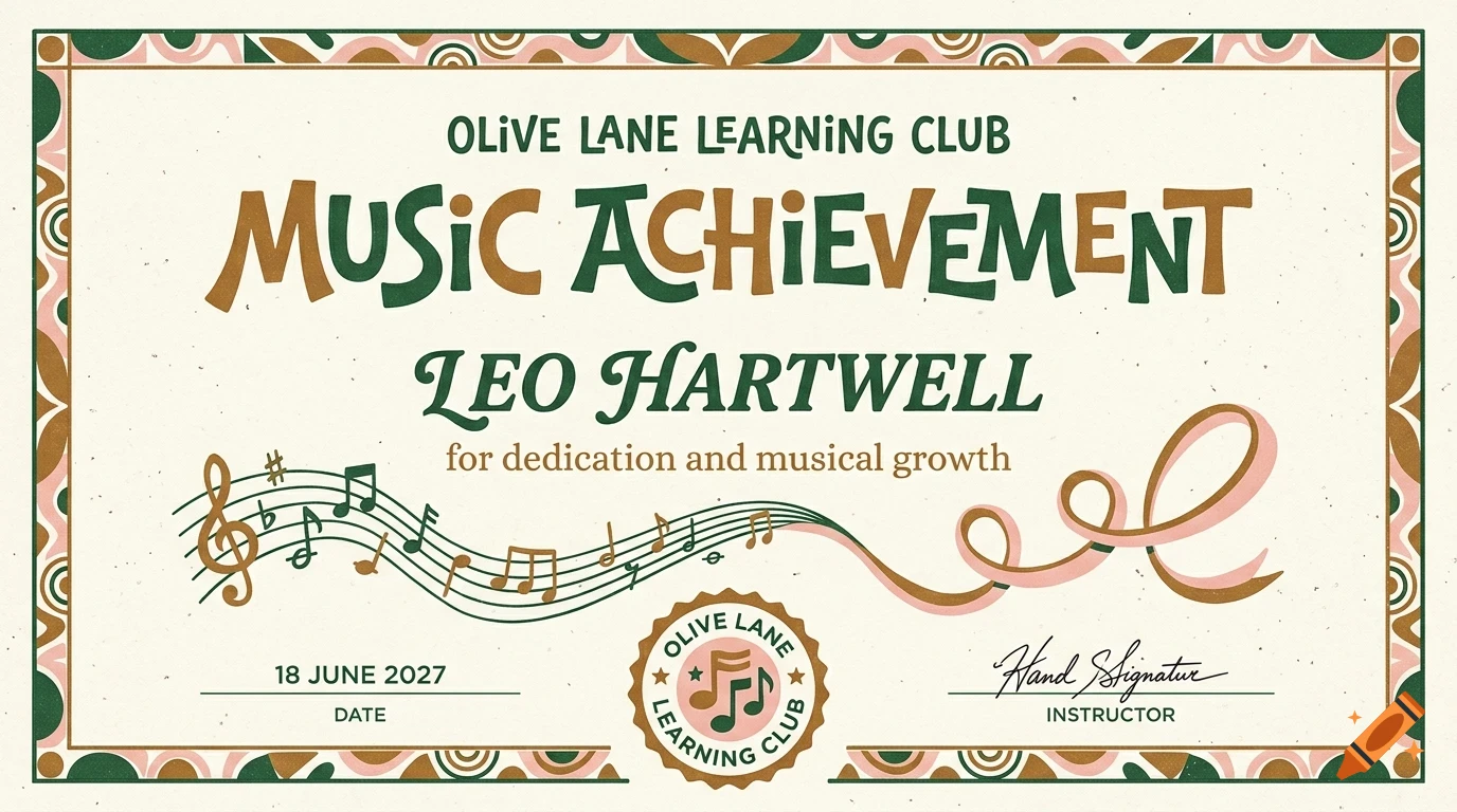 An award certificate featuring musical achievement text, staff lines with notes, and a decorative border in green, brown, and pink tones.