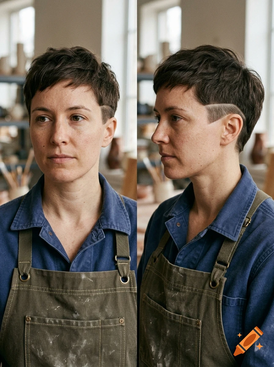 A person with short brown hair and a fade haircut wearing a blue shirt and an olive green apron, shown from front and side angles.