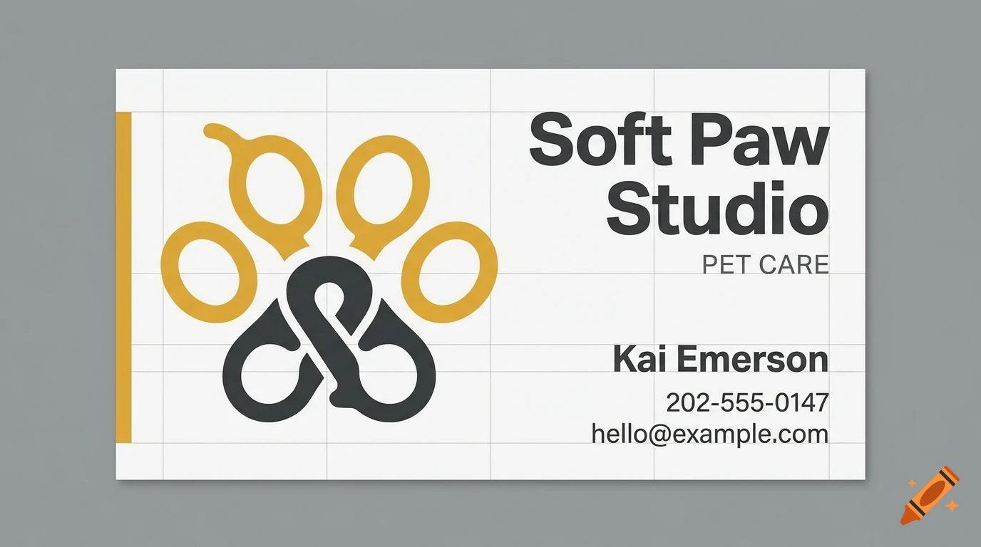 A business card for Soft Paw Studio, featuring a paw print logo and contact information.