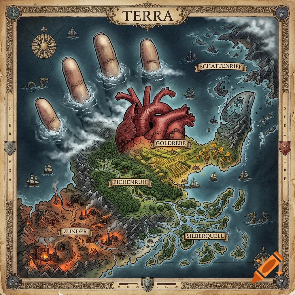 Fantasy map of Terra styled as a giant hand emerging from water holding a human heart, with labeled regions like Goldrebe and Zunder.