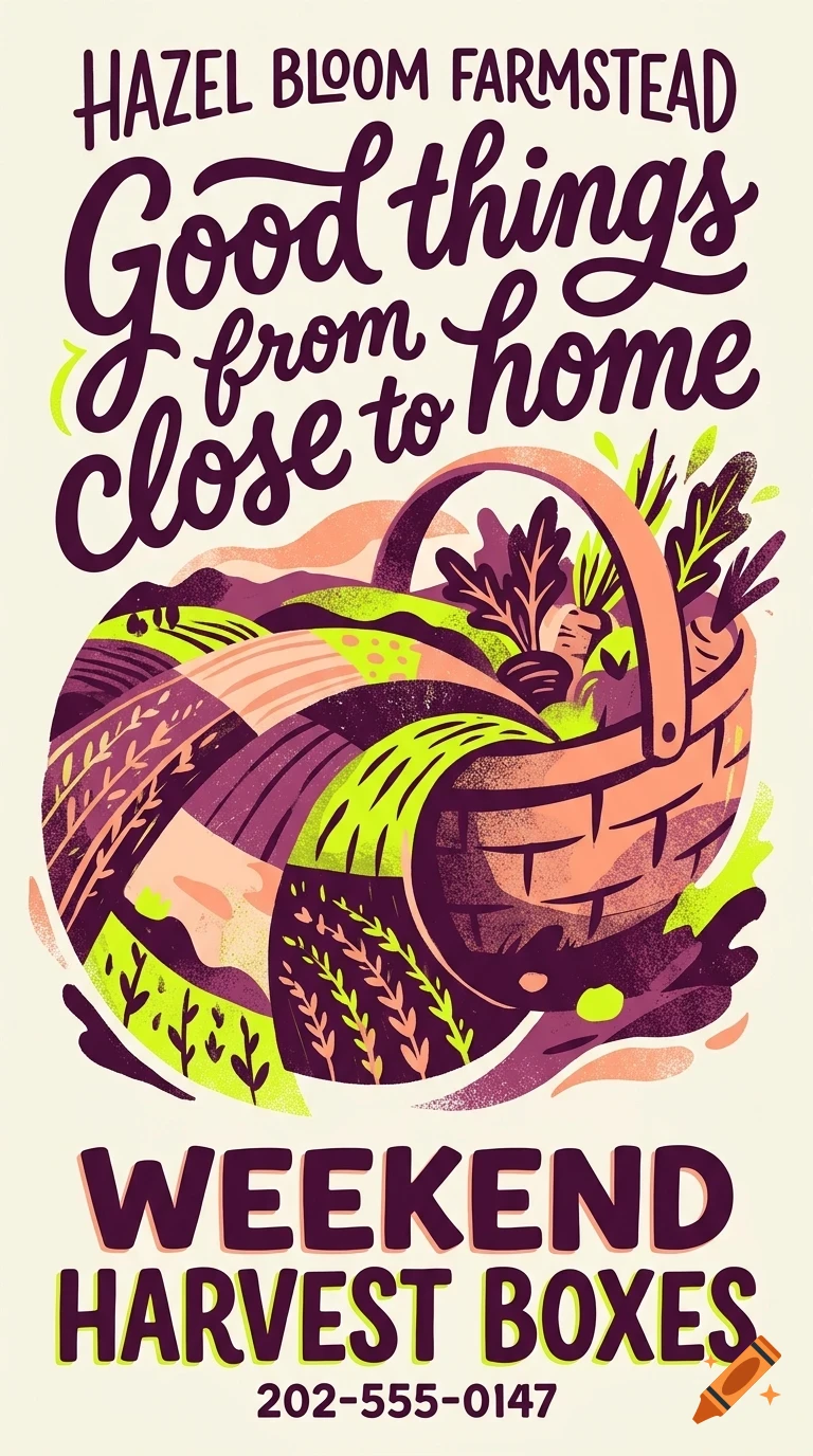 An illustrated poster for Hazel Bloom Farmstead featuring a basket of vegetables, rolling farmlands, and bold lettering.