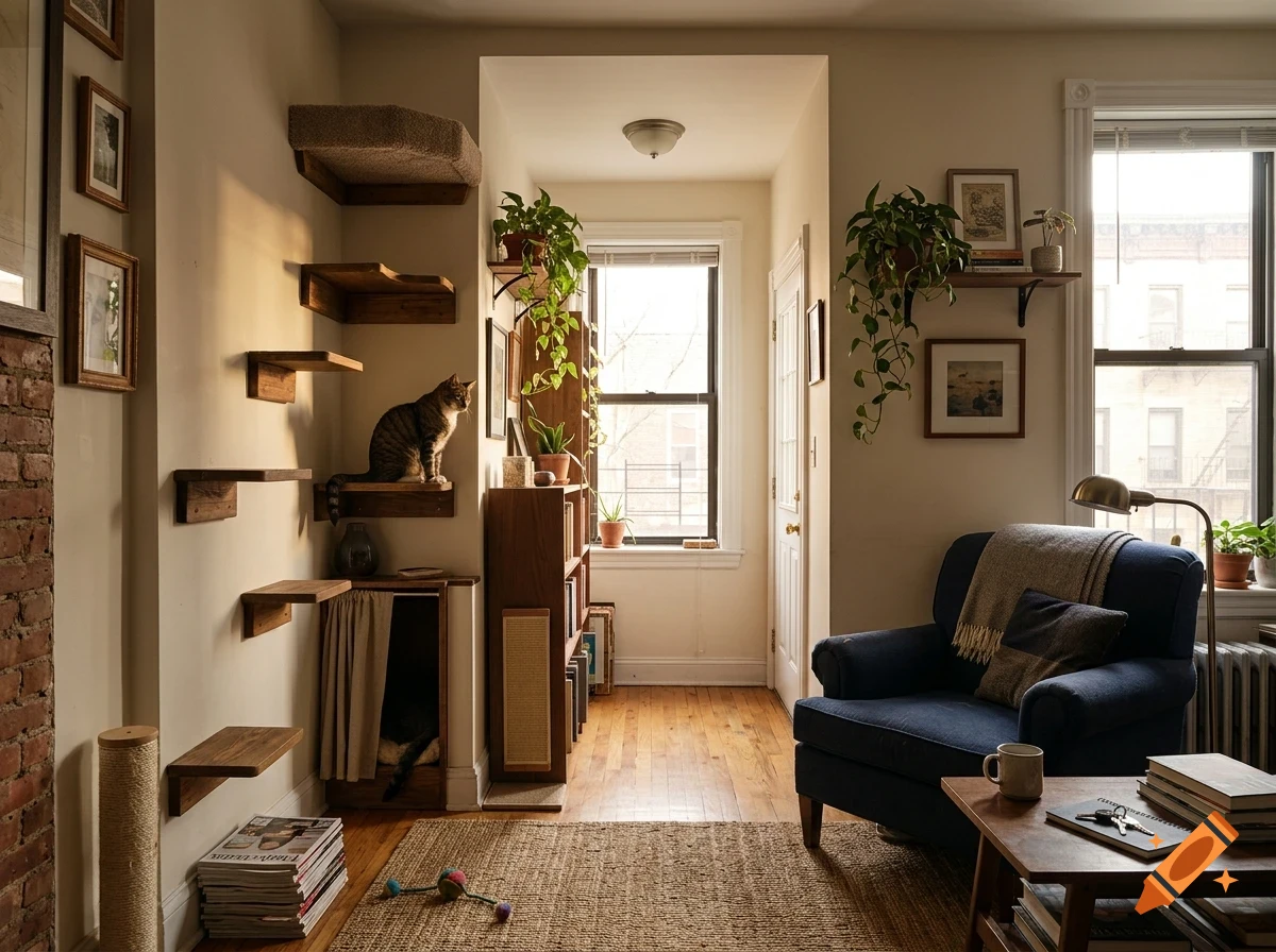 An apartment interior featuring a cat sitting on a wooden wall shelf, cat shelves, a blue armchair, a coffee table, and plants.