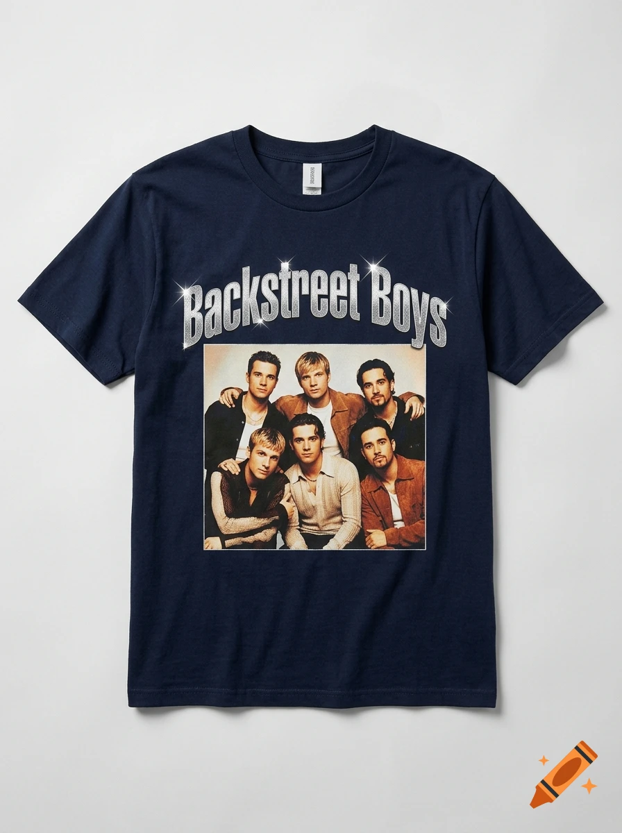 A navy blue t-shirt with a glittery silver Backstreet Boys logo and a vintage photo of the band printed on the front.