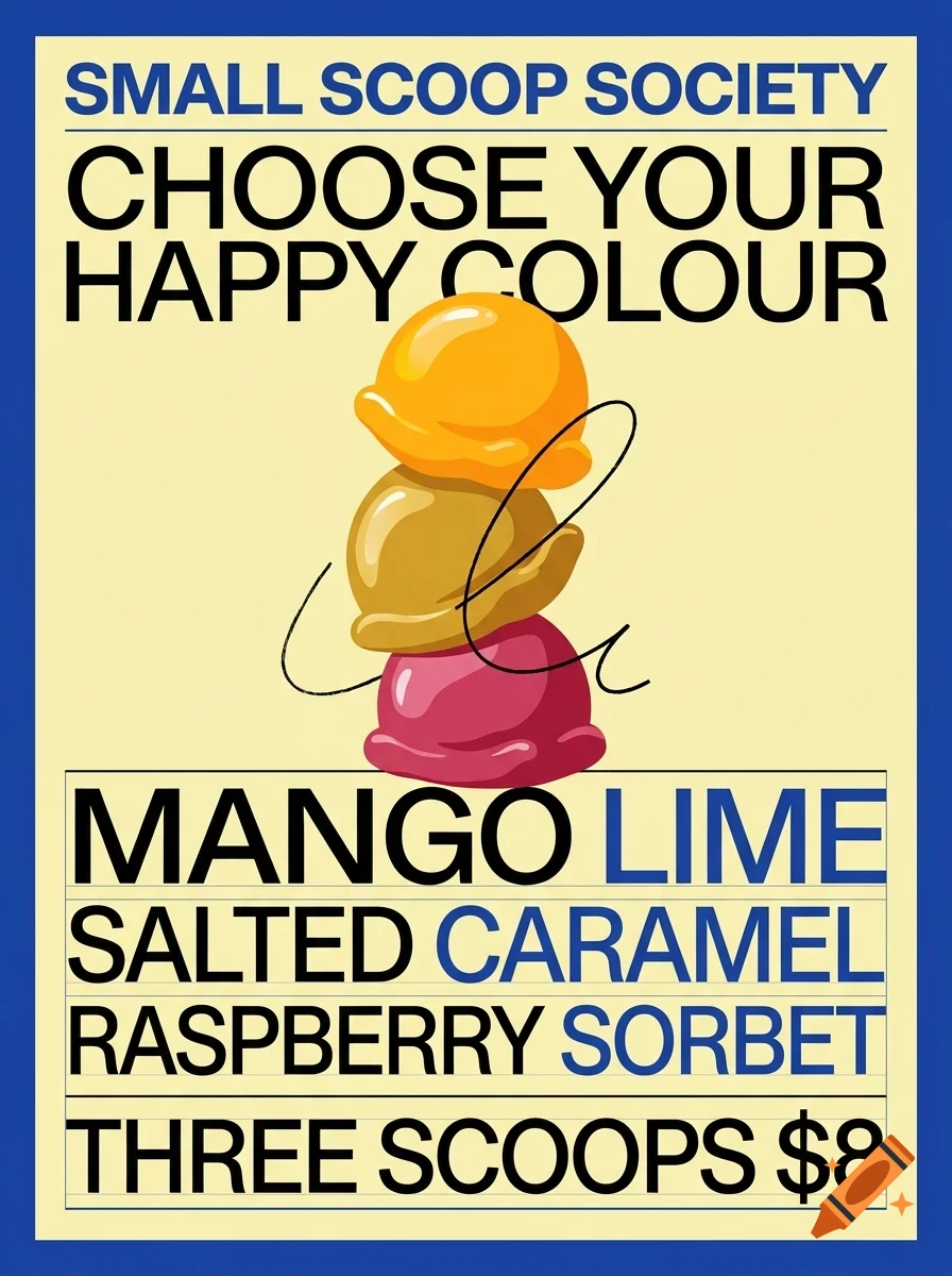 A poster featuring a stack of three ice cream scoops with text reading SMALL SCOOP SOCIETY and MANGO LIME SALTED CARAMEL RASPBERRY SORBET THREE SCOOPS $8