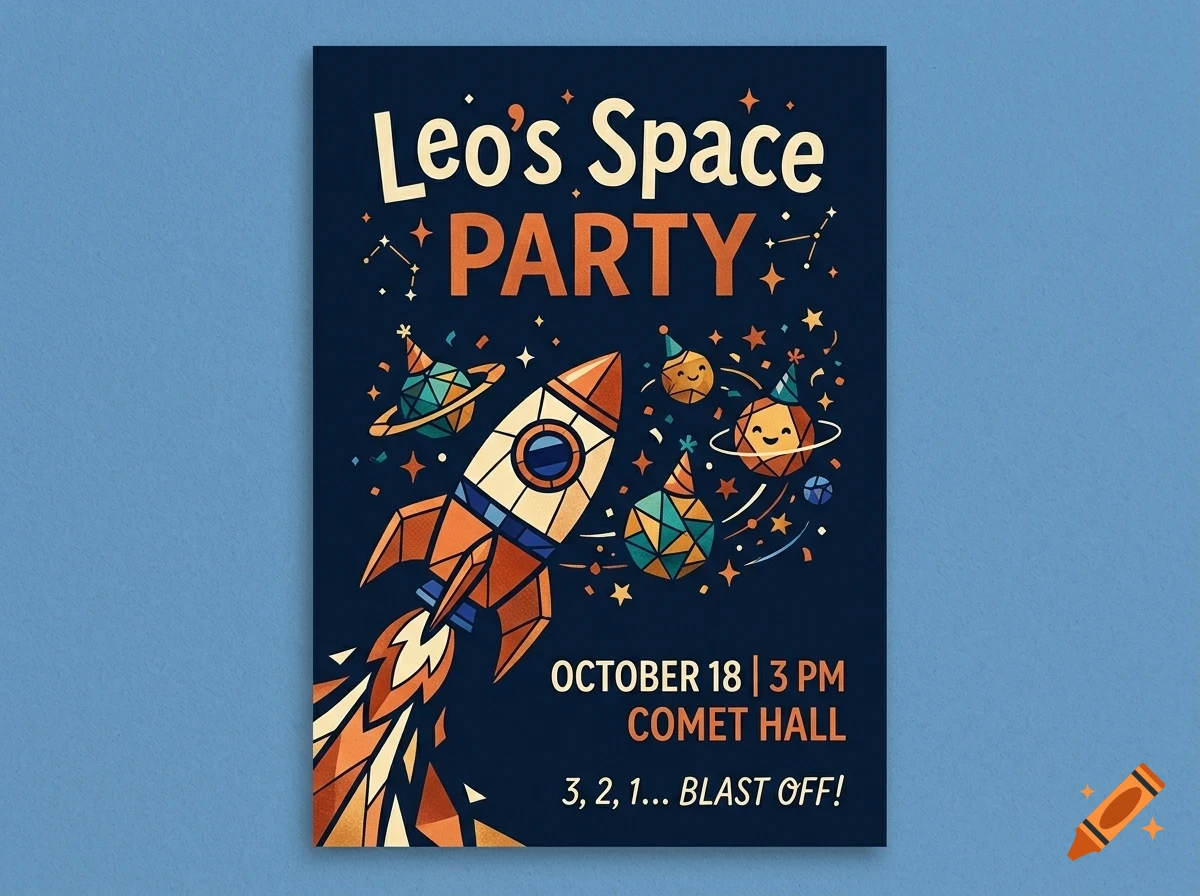 A poster design for Leo's Space Party featuring a cartoon rocket ship, planets, stars, and party elements against a dark blue background.