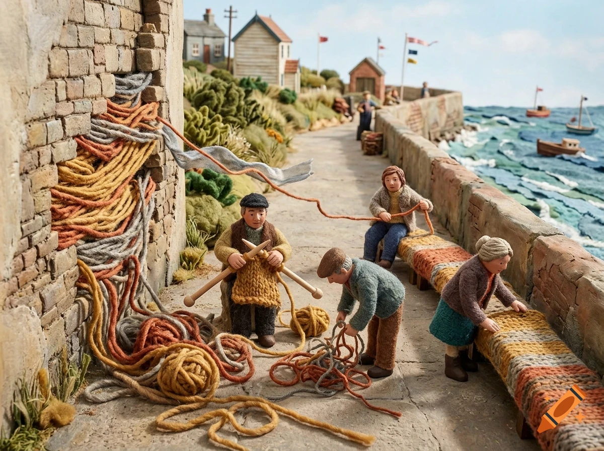 A miniature diorama shows figurine people knitting and handling skeins of yarn along a coastal path by the sea.