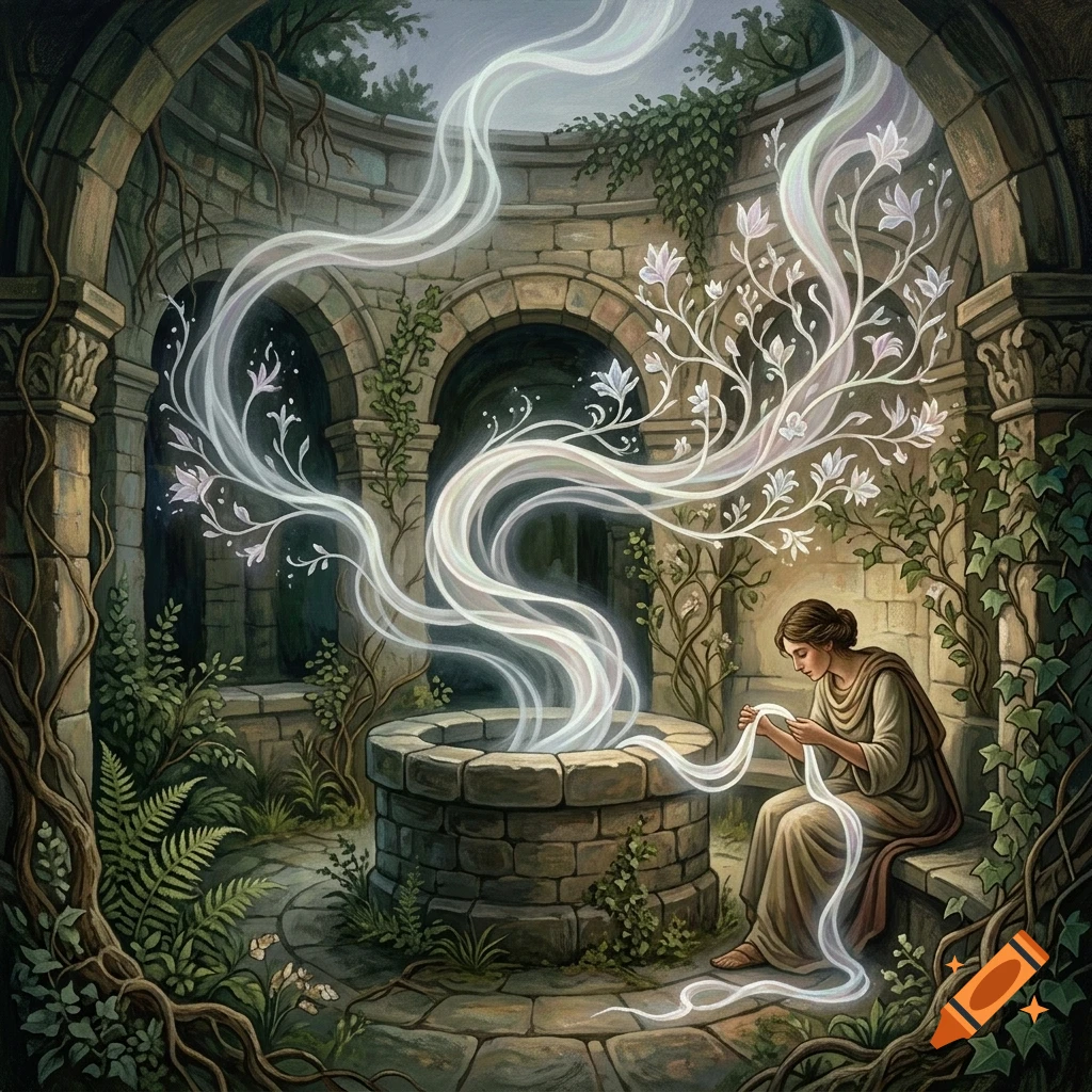 A woman in a stone courtyard sits by a well as glowing, magical vapor shaped like flowers rises from it.
