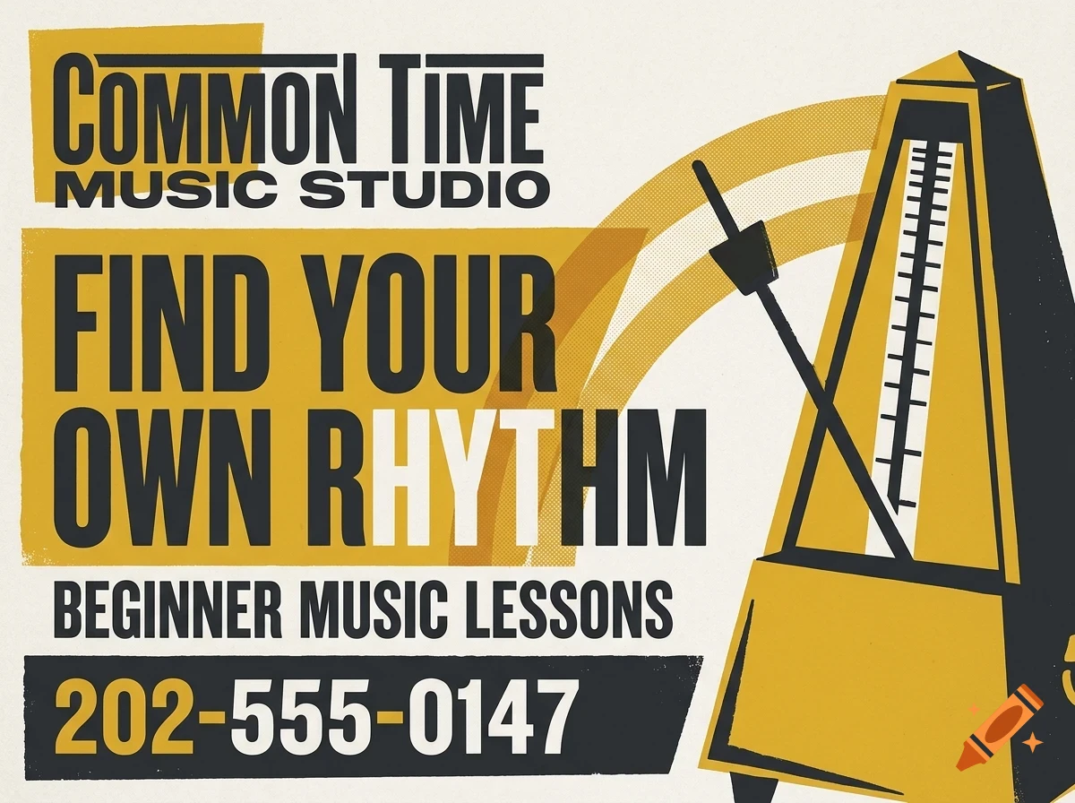 An advertisement for a music studio featuring a metronome illustration and text that reads Common Time Music Studio.