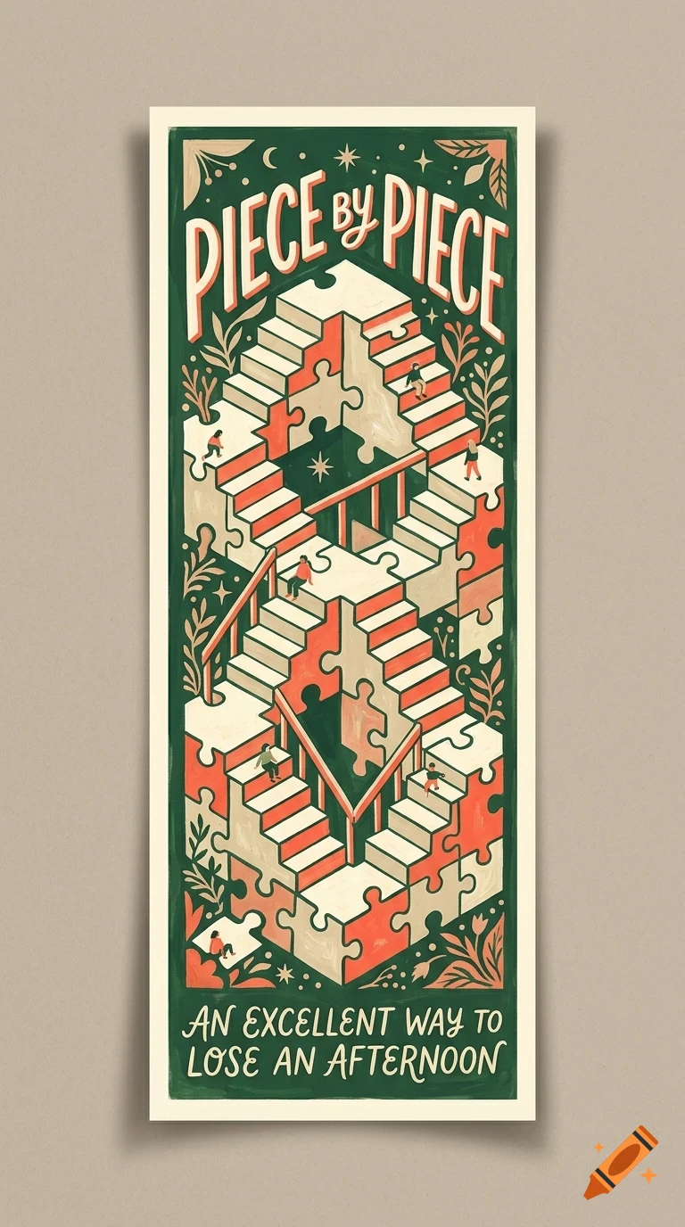 An illustrated poster features an impossible staircase made of jigsaw puzzle pieces with tiny figures walking on it, framed by green borders and text reading Piece By Piece.