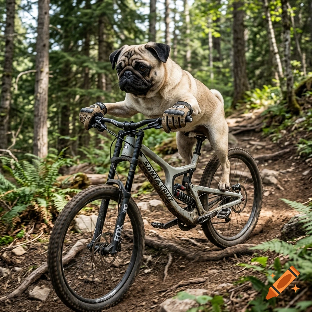 A photorealistic image of a pug riding a mountain bicycle through a forest trail.