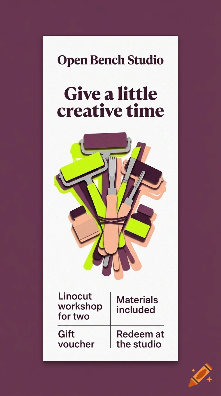 A poster advertising a linocut workshop with text and illustrations of printmaking tools.