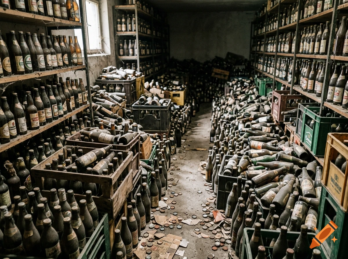 Basement storage room filled with countless crates and shelves stacked with old beer bottles in a photorealistic style.